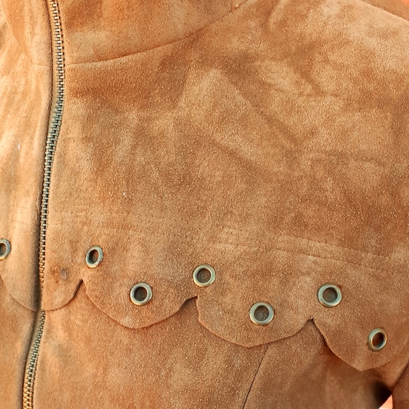 Boho  Tan Suede Zip Front Vtg Sheath Dress Scallop trim Long sleeves , SZ M - Picture 7 of 8